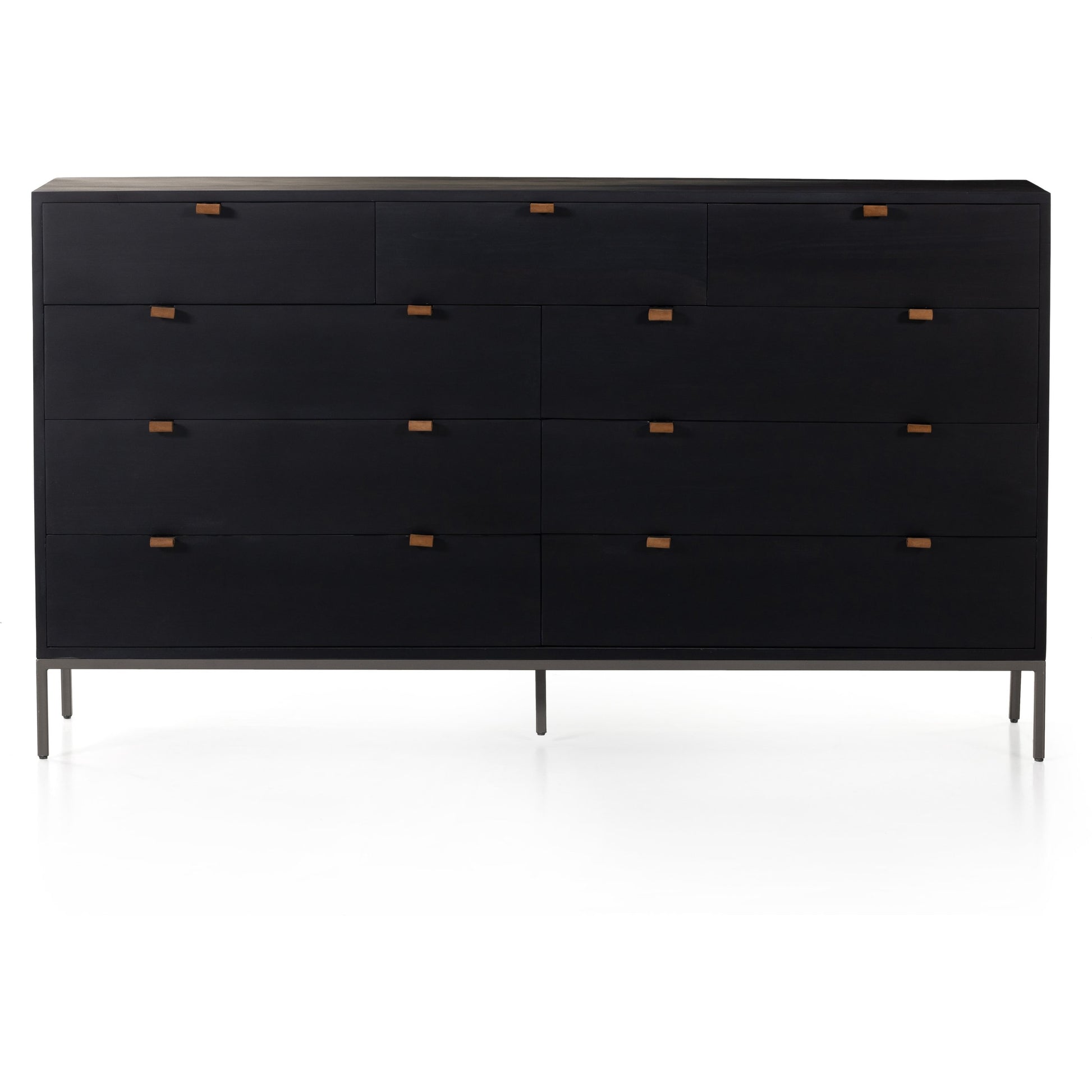 Trey 9 Drawer Dresser by Four Hands. Made from solid poplar, top grain leather in a transitional style.