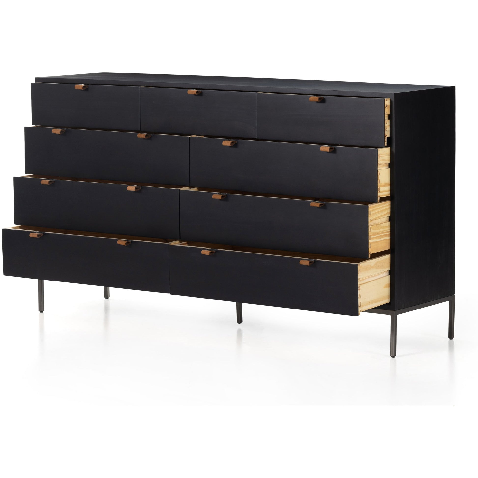 Trey 9 Drawer Dresser by Four Hands. Made from solid poplar, top grain leather in a transitional style.