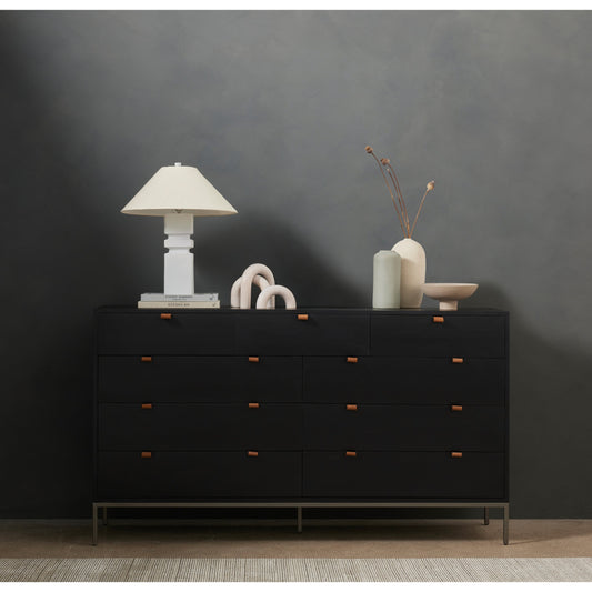 Trey 9 Drawer Dresser by Four Hands. Made from solid poplar, top grain leather in a transitional style.