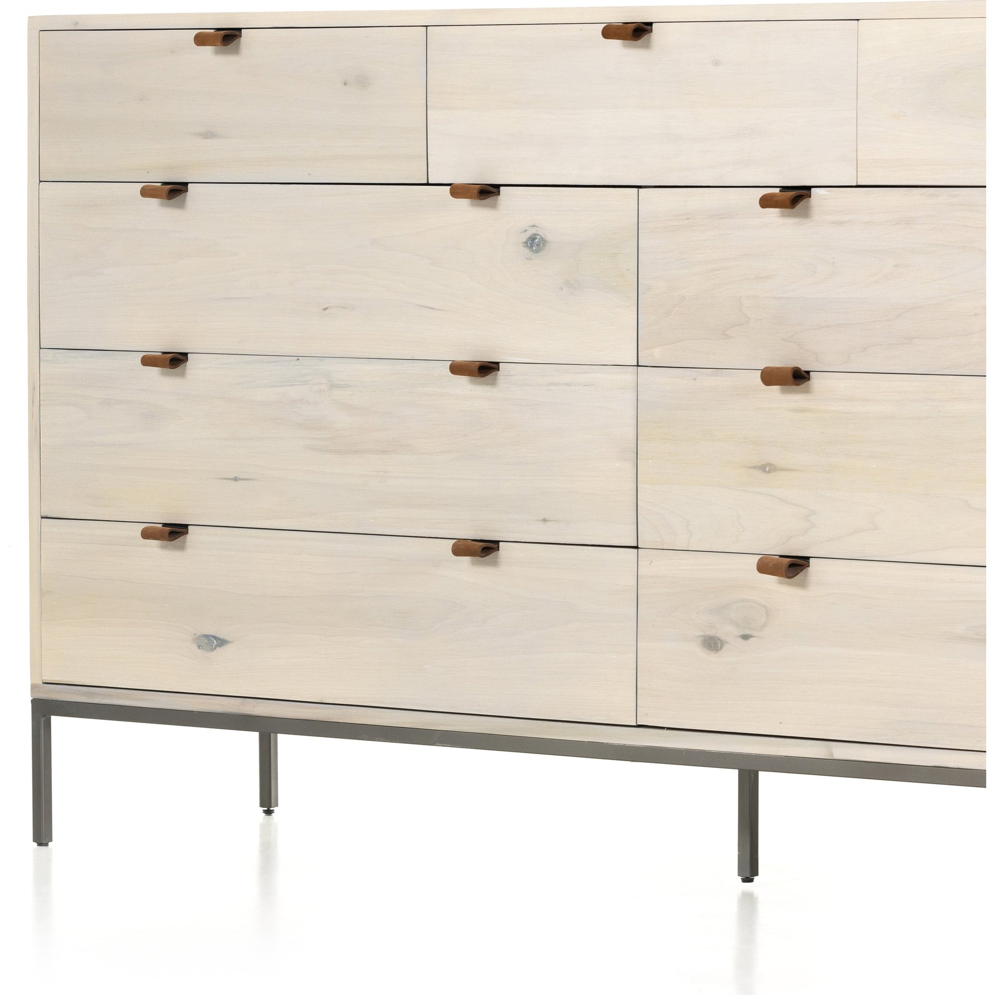Trey 9 Drawer Dresser by Four Hands. Made from solid poplar, top grain leather in a transitional style.