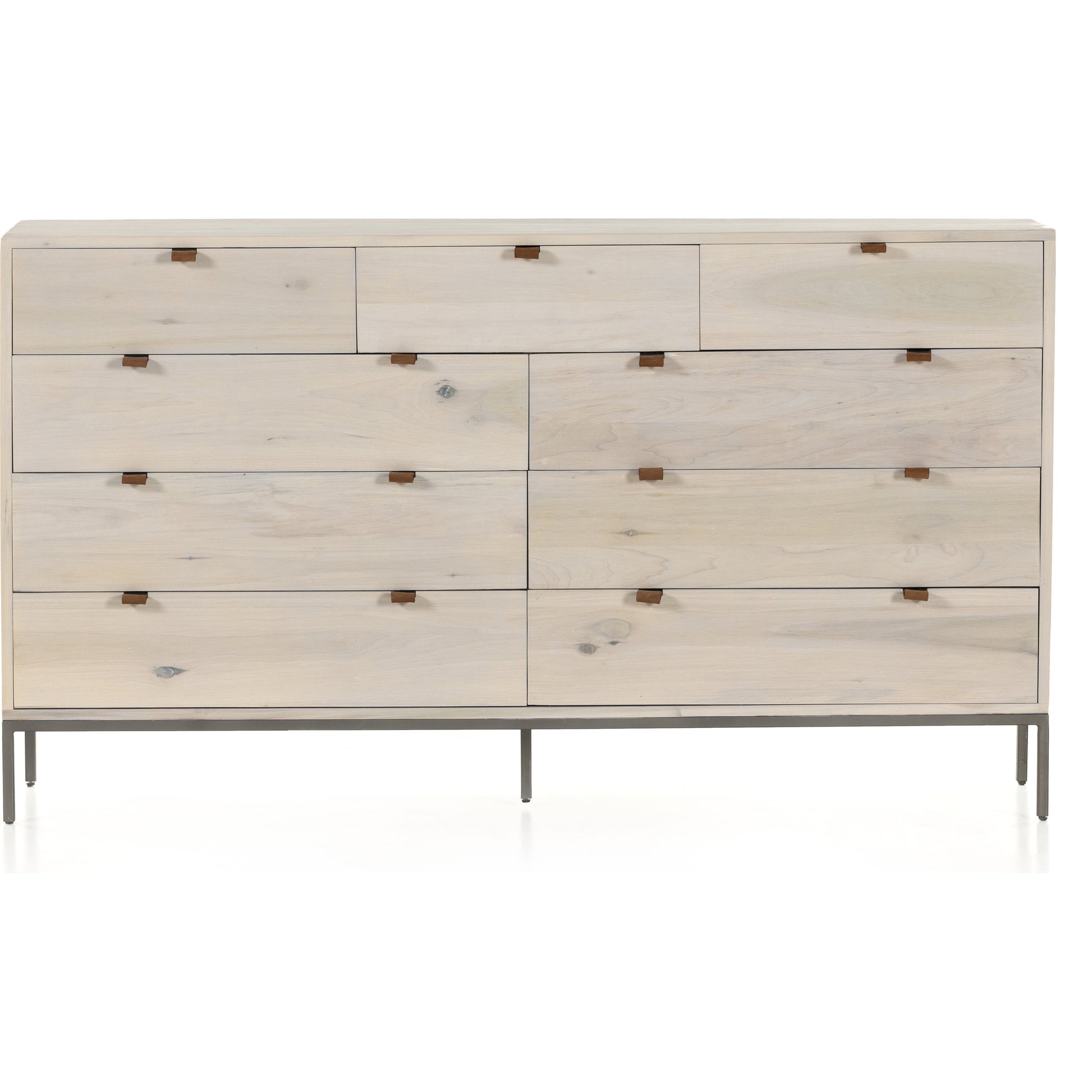 Trey 9 Drawer Dresser by Four Hands. Made from solid poplar, top grain leather in a transitional style.