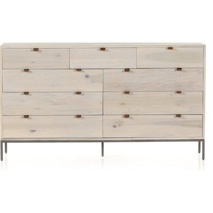 Trey 9 Drawer Dresser by Four Hands. Made from solid poplar, top grain leather in a transitional style.