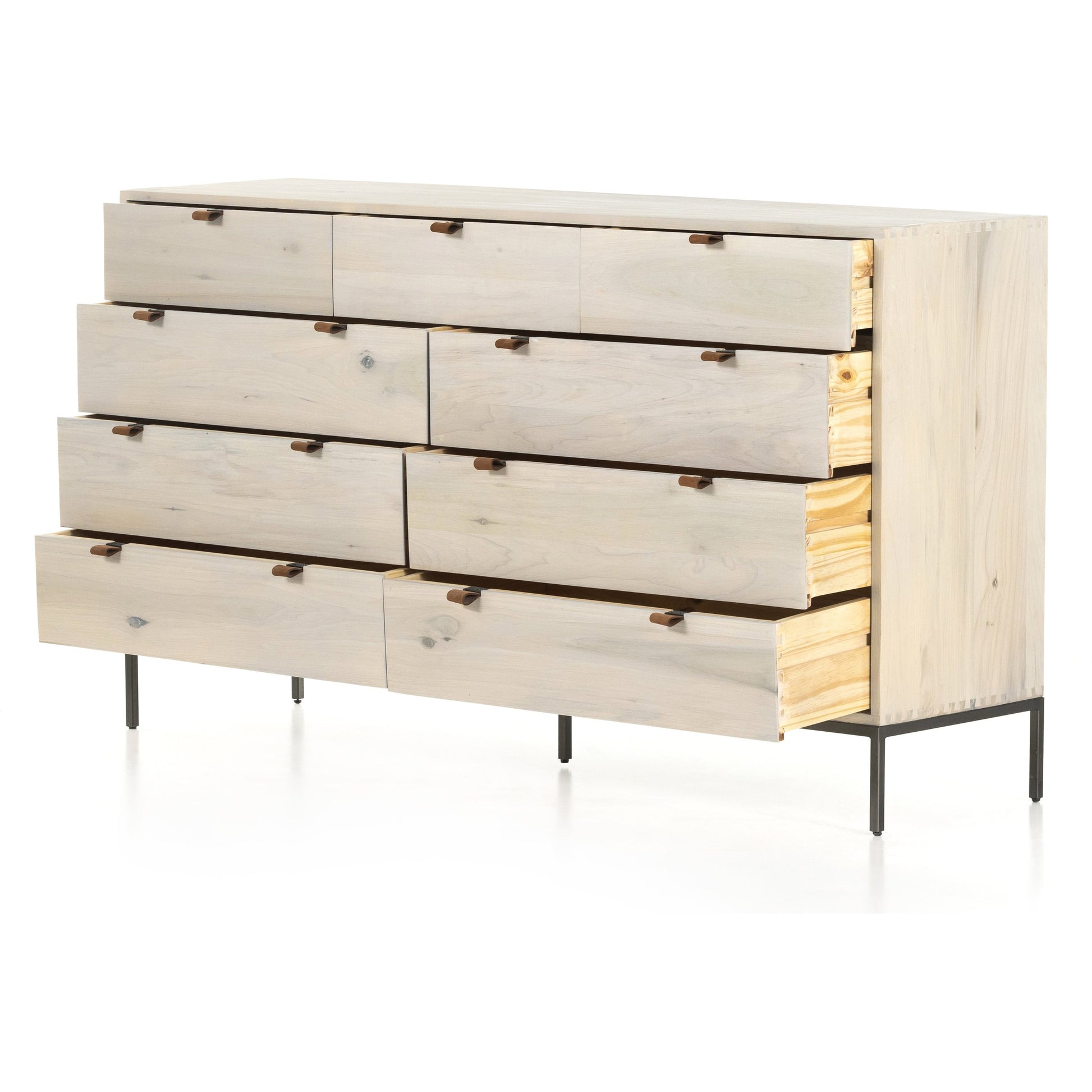 Trey 9 Drawer Dresser by Four Hands. Made from solid poplar, top grain leather in a transitional style.