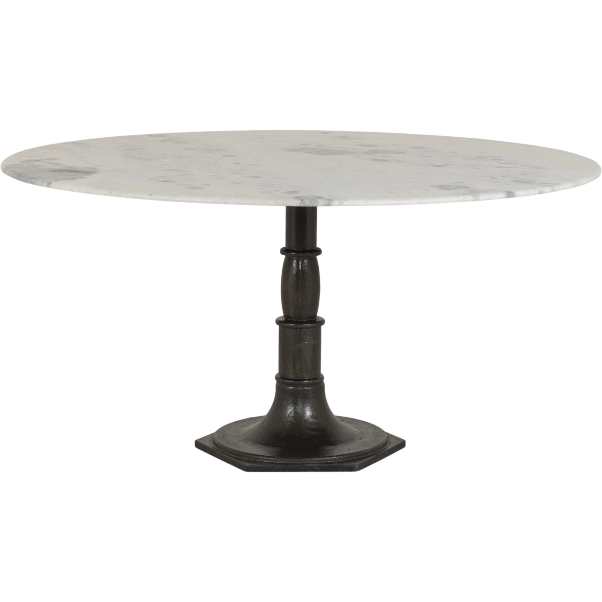 Lucy Round Dining Table by Four Hands in carbon wash, white marble and carbon wash. Made from solid marble, iron, engineered hardwood in a traditional style.