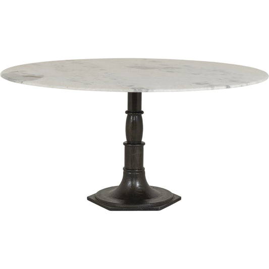 Lucy Round Dining Table by Four Hands in carbon wash, white marble and carbon wash. Made from solid marble, iron, engineered hardwood in a traditional style.