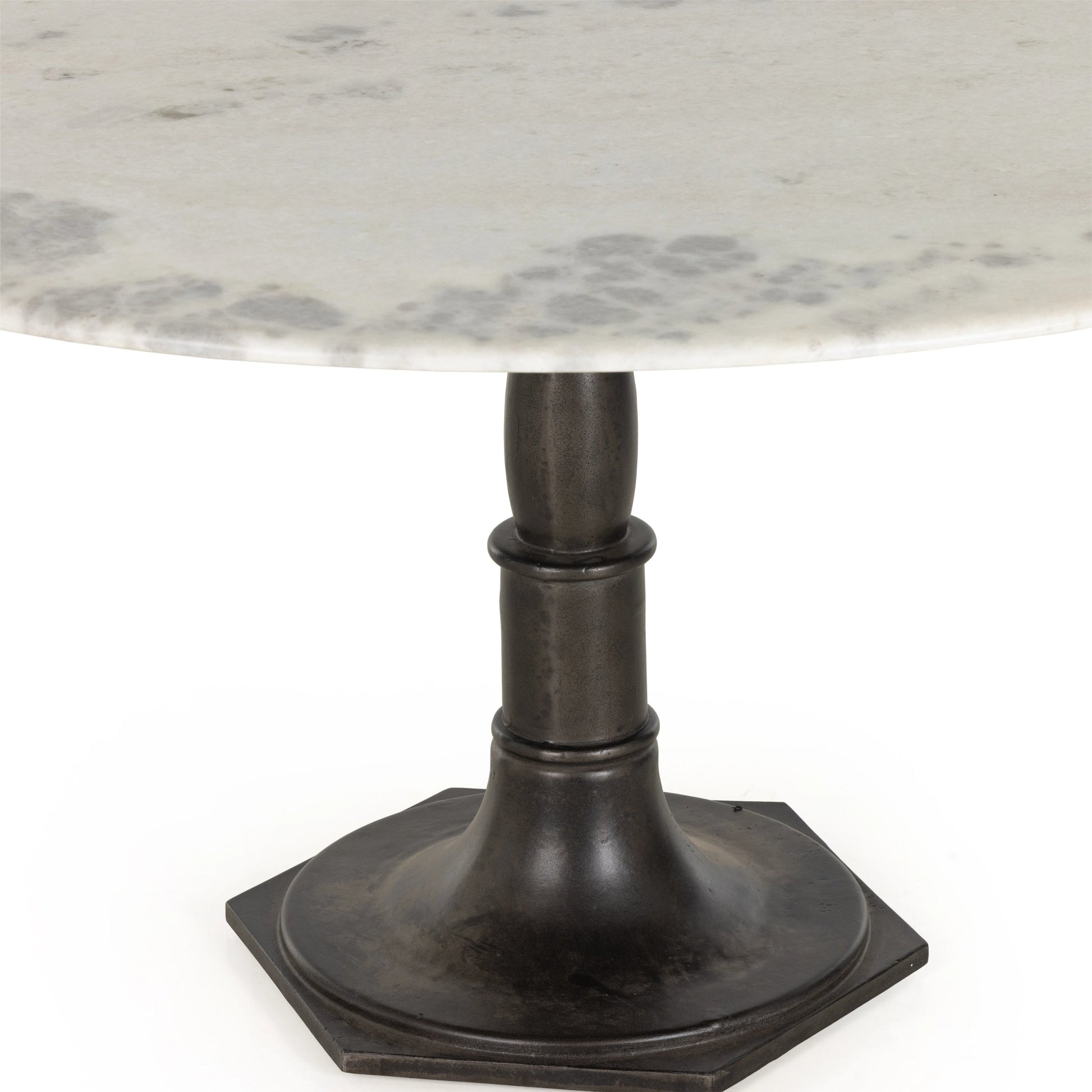 Lucy Round Dining Table by Four Hands in carbon wash, white marble and carbon wash. Made from solid marble, iron, engineered hardwood in a traditional style.