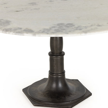 Lucy Round Dining Table by Four Hands in carbon wash, white marble and carbon wash. Made from solid marble, iron, engineered hardwood in a traditional style.