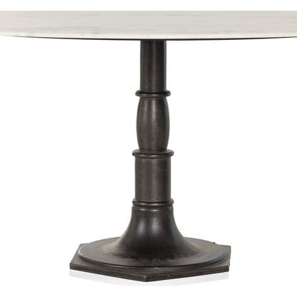 Lucy Round Dining Table by Four Hands in carbon wash, white marble and carbon wash. Made from solid marble, iron, engineered hardwood in a traditional style.