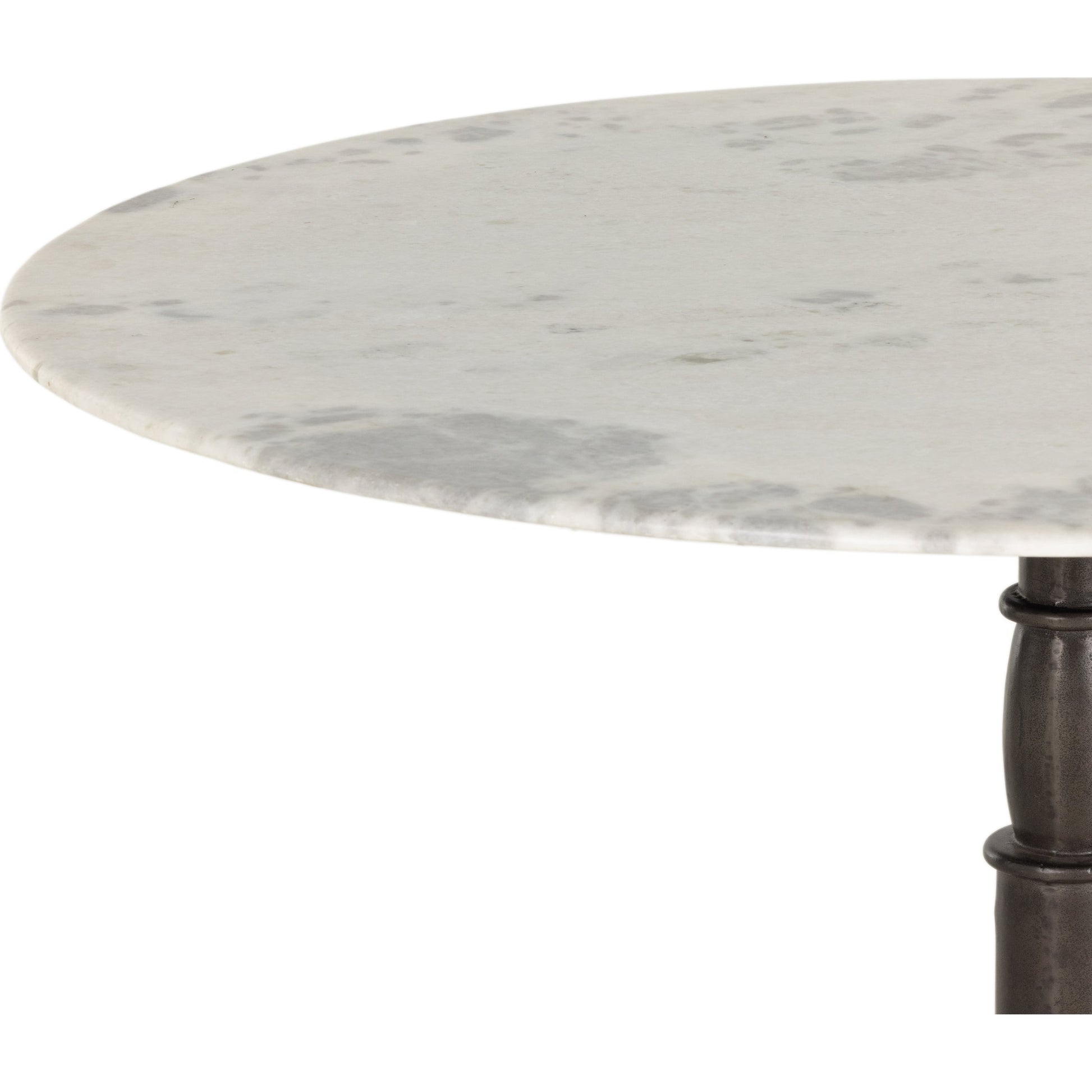 Lucy Round Dining Table by Four Hands in carbon wash, white marble and carbon wash. Made from solid marble, iron, engineered hardwood in a traditional style.