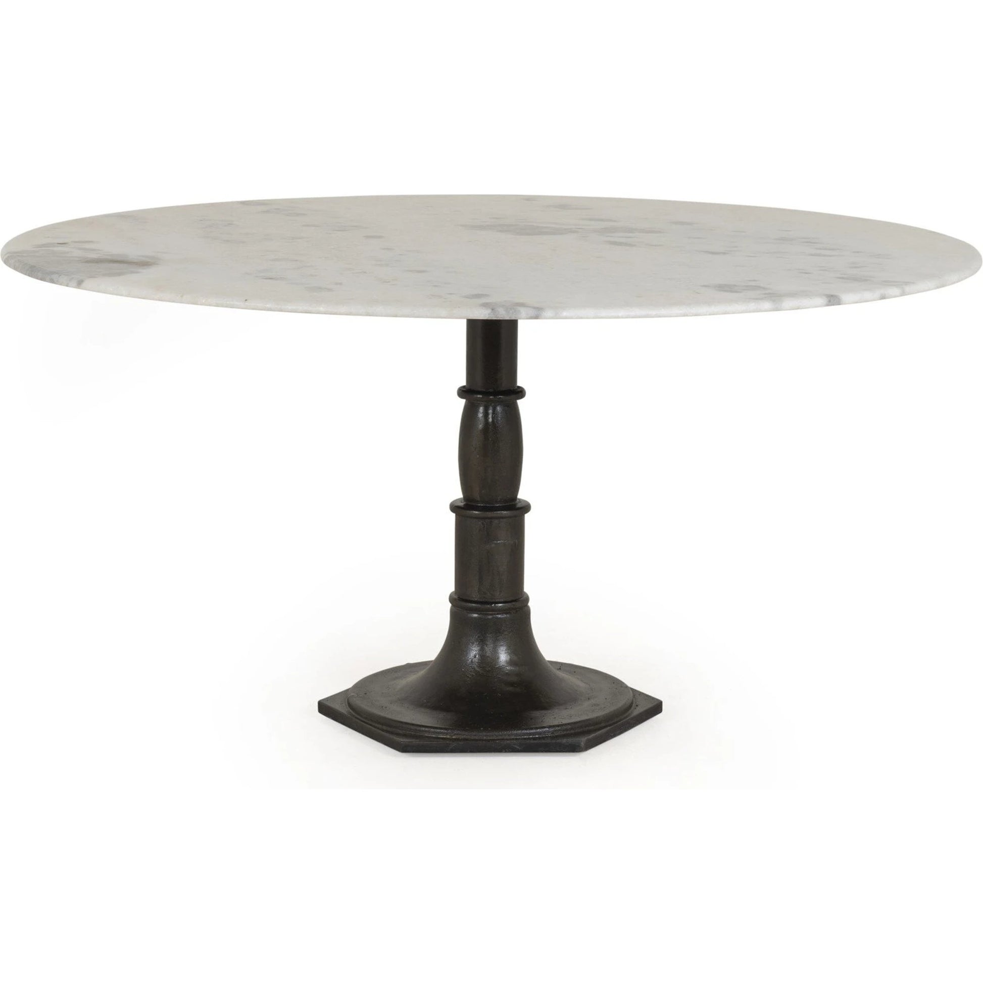 Lucy Round Dining Table by Four Hands in carbon wash, white marble and carbon wash. Made from solid marble, iron, engineered hardwood in a traditional style.