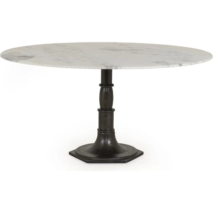 Lucy Round Dining Table by Four Hands in carbon wash, white marble and carbon wash. Made from solid marble, iron, engineered hardwood in a traditional style.