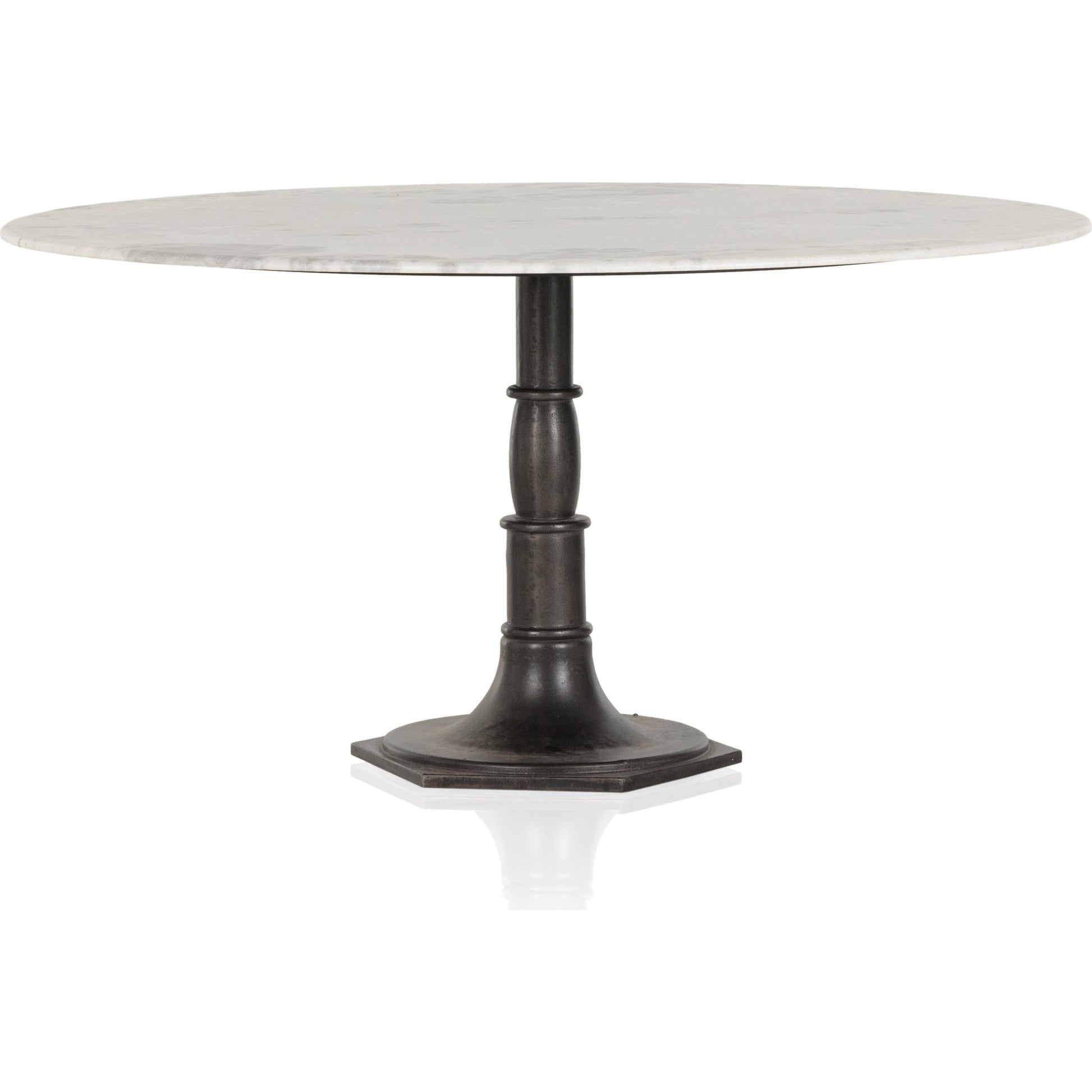 Lucy Round Dining Table by Four Hands in carbon wash, white marble and carbon wash. Made from solid marble, iron, engineered hardwood in a traditional style.