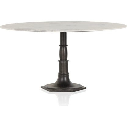 Lucy Round Dining Table by Four Hands in carbon wash, white marble and carbon wash. Made from solid marble, iron, engineered hardwood in a traditional style.