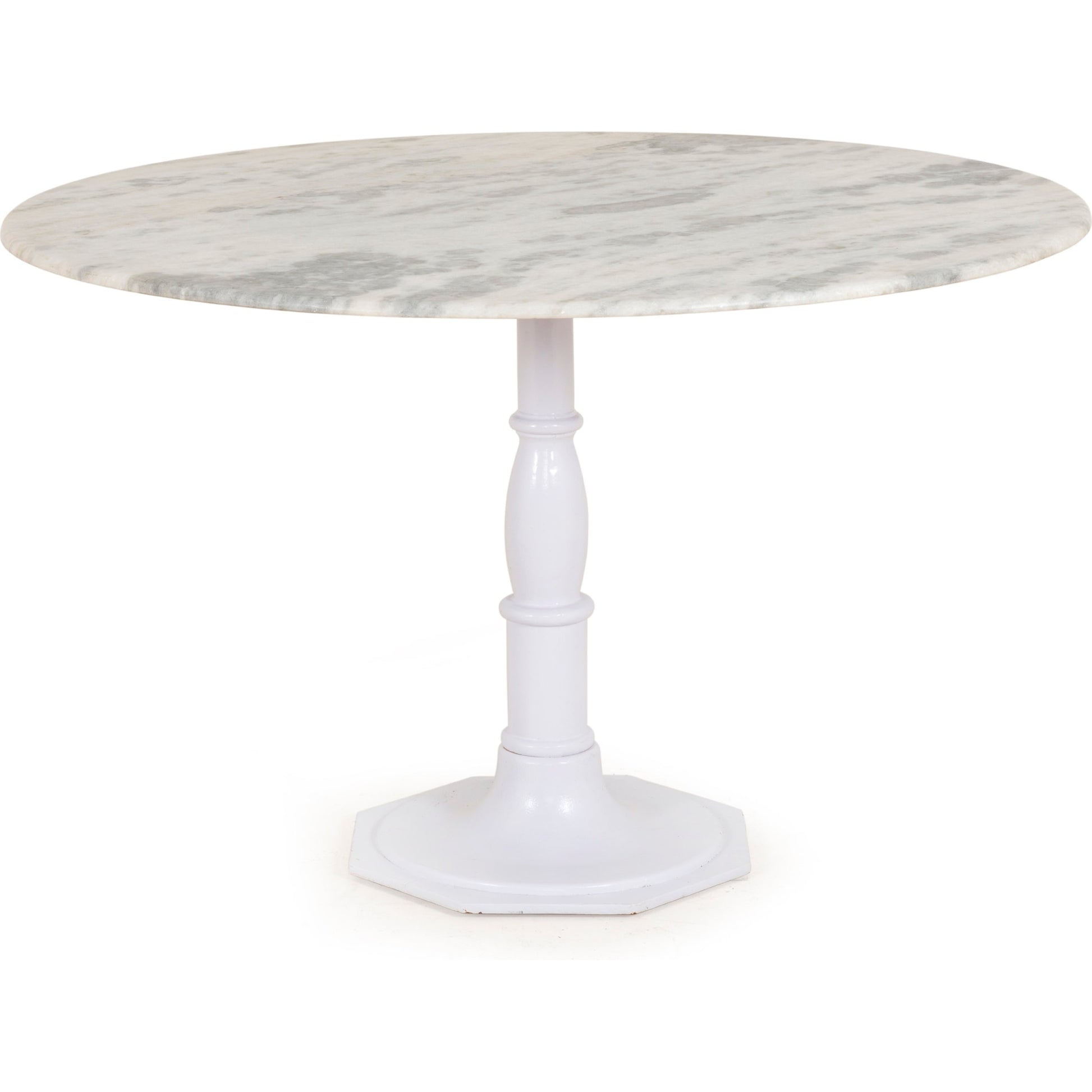 Lucy Round Dining Table by Four Hands in carbon wash, white marble and carbon wash. Made from solid marble, iron, engineered hardwood in a traditional style.
