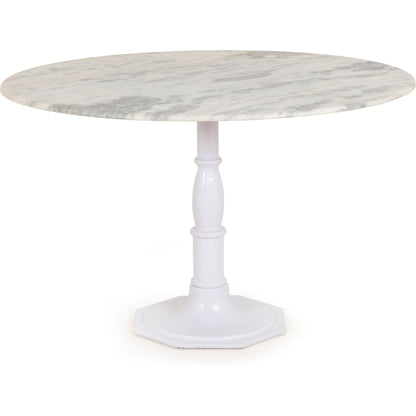 Lucy Round Dining Table by Four Hands in carbon wash, white marble and carbon wash. Made from solid marble, iron, engineered hardwood in a traditional style.
