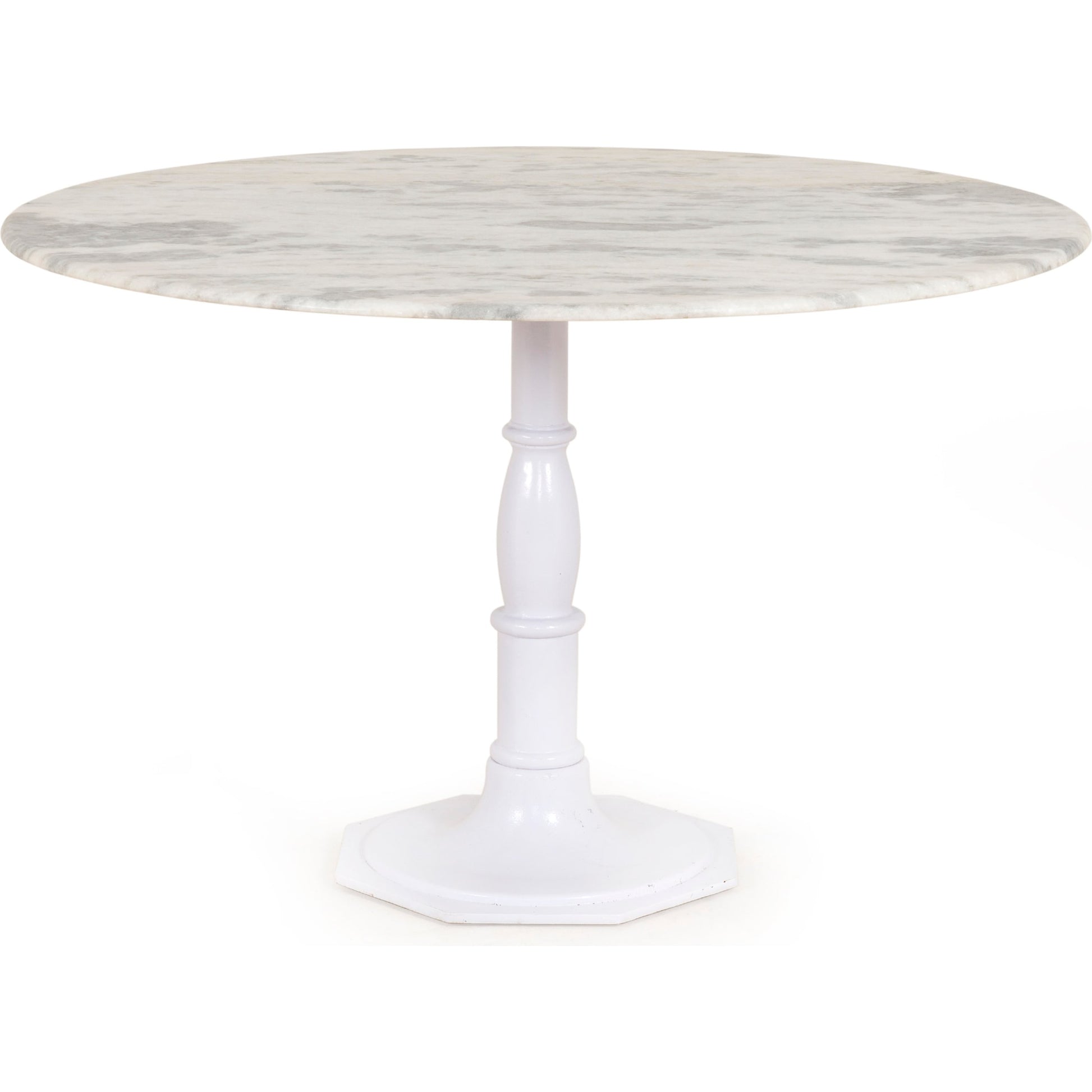 Lucy Round Dining Table by Four Hands in carbon wash, white marble and carbon wash. Made from solid marble, iron, engineered hardwood in a traditional style.