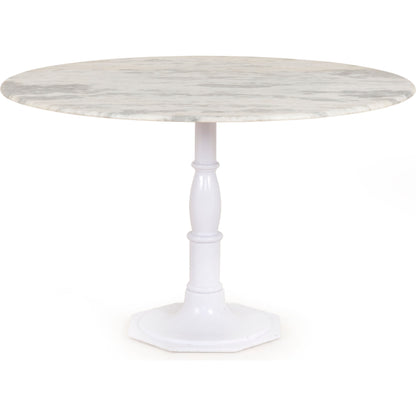 Lucy Round Dining Table by Four Hands in carbon wash, white marble and carbon wash. Made from solid marble, iron, engineered hardwood in a traditional style.