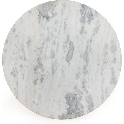 Lucy Round Dining Table by Four Hands in carbon wash, white marble and carbon wash. Made from solid marble, iron, engineered hardwood in a traditional style.