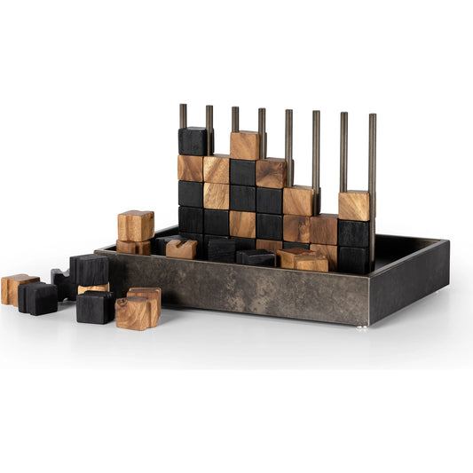 Four In a Row by Four Hands in aged grey, aged metal, natural guanacaste, carbonized black. Made from aluminum, iron, guanacaste solid in a modern style.
