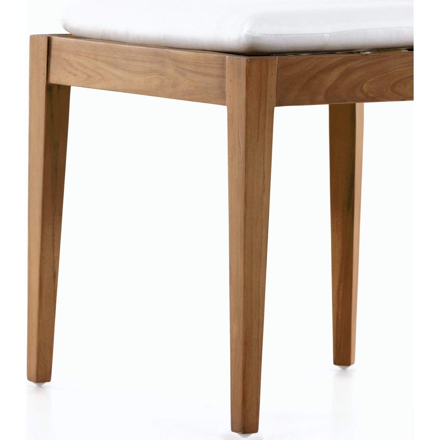 023 SI-1902476 | Closeup | Britt Outdoor Dining Chair by Four Hands in natural teak, stinson white. Made from 100% olefin, solid teak, 100% polyethylene in a coastal style.