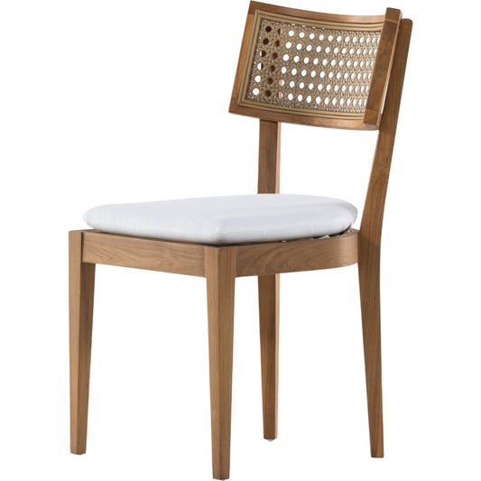 Britt Outdoor Dining Chair by Four Hands in natural teak, stinson white. Made from 100% olefin, solid teak, 100% polyethylene in a coastal style.