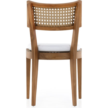 Britt Outdoor Dining Chair by Four Hands in natural teak, stinson white. Made from 100% olefin, solid teak, 100% polyethylene in a coastal style.
