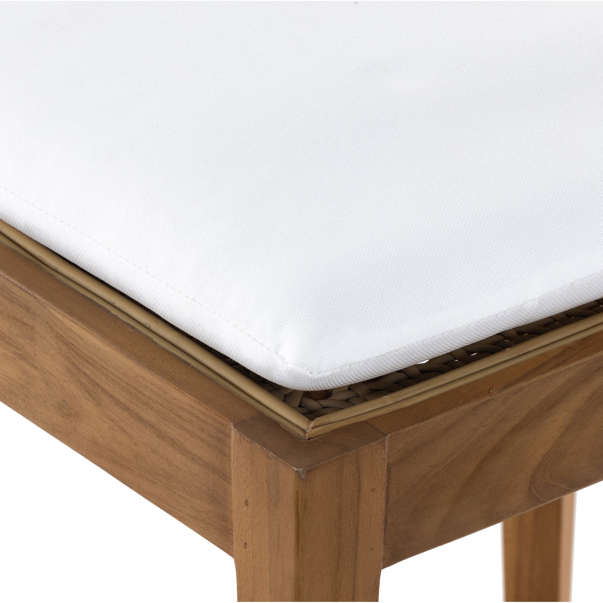 Britt Outdoor Dining Chair by Four Hands in natural teak, stinson white. Made from 100% olefin, solid teak, 100% polyethylene in a coastal style.