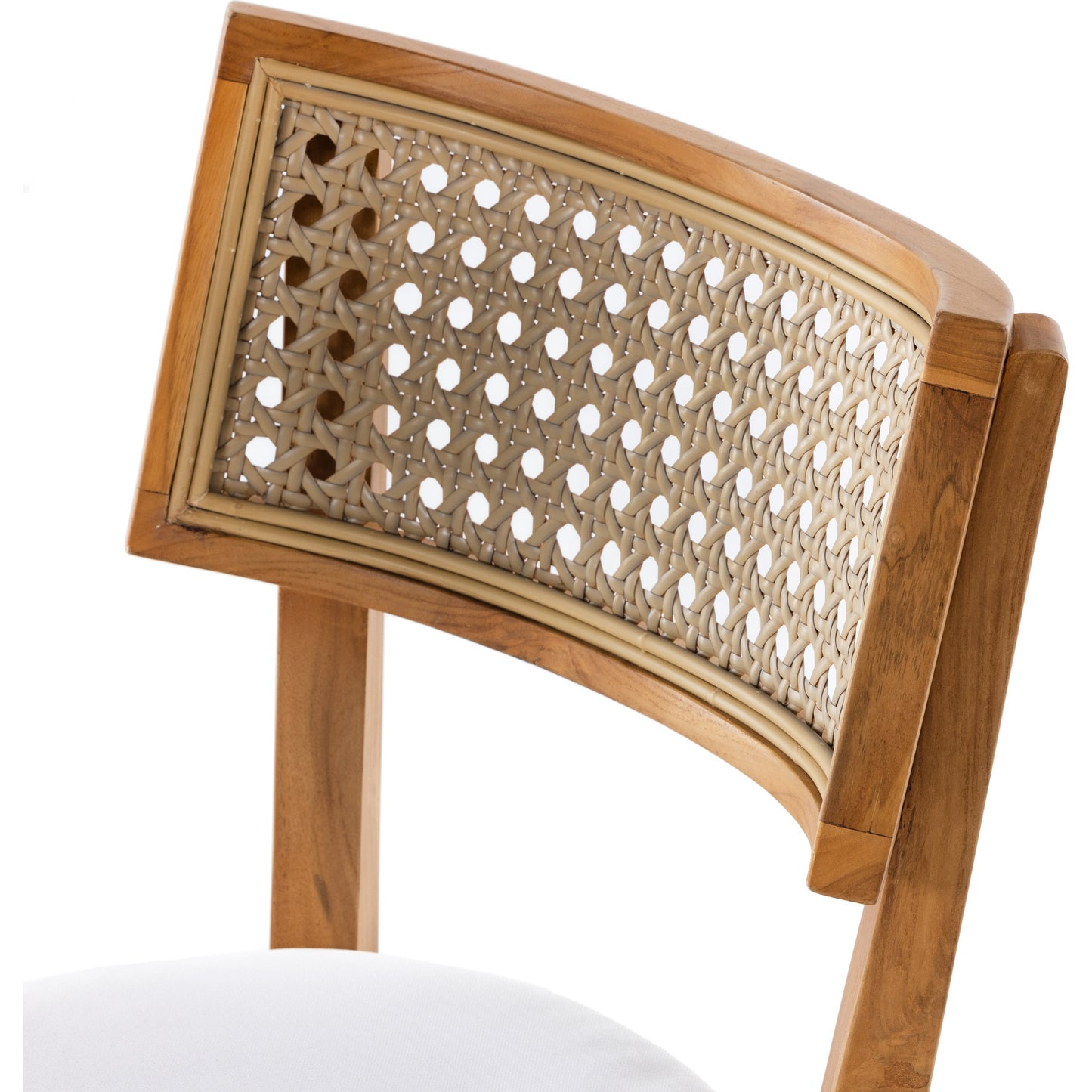 010 SI-1902476 | Closeup | Britt Outdoor Dining Chair by Four Hands in natural teak, stinson white. Made from 100% olefin, solid teak, 100% polyethylene in a coastal style.