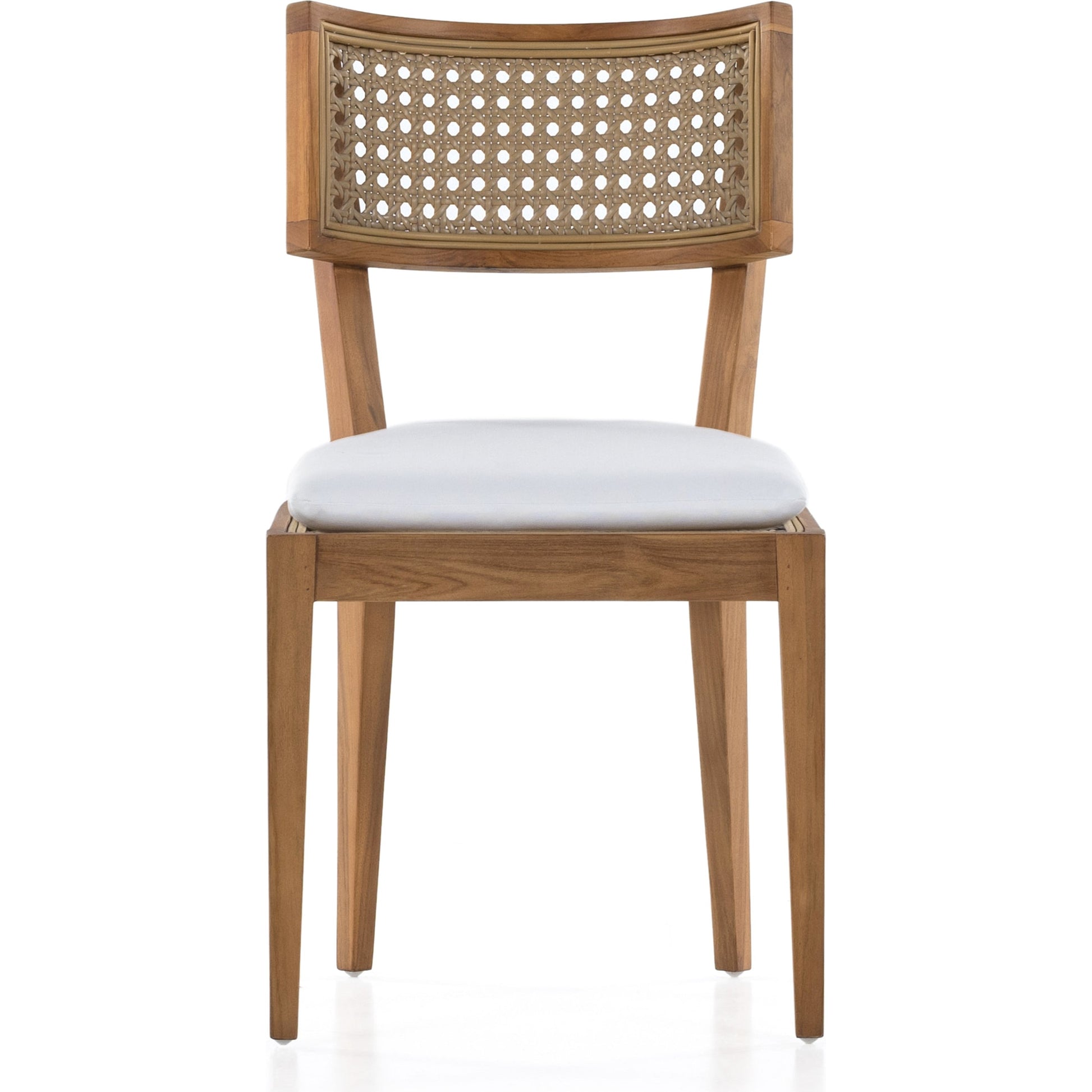 Britt Outdoor Dining Chair by Four Hands in natural teak, stinson white. Made from 100% olefin, solid teak, 100% polyethylene in a coastal style.