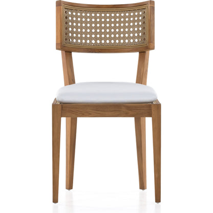 Britt Outdoor Dining Chair by Four Hands in natural teak, stinson white. Made from 100% olefin, solid teak, 100% polyethylene in a coastal style.