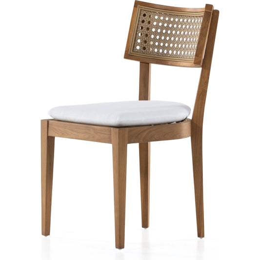 Britt Outdoor Dining Chair by Four Hands in natural teak, stinson white. Made from 100% olefin, solid teak, 100% polyethylene in a coastal style.