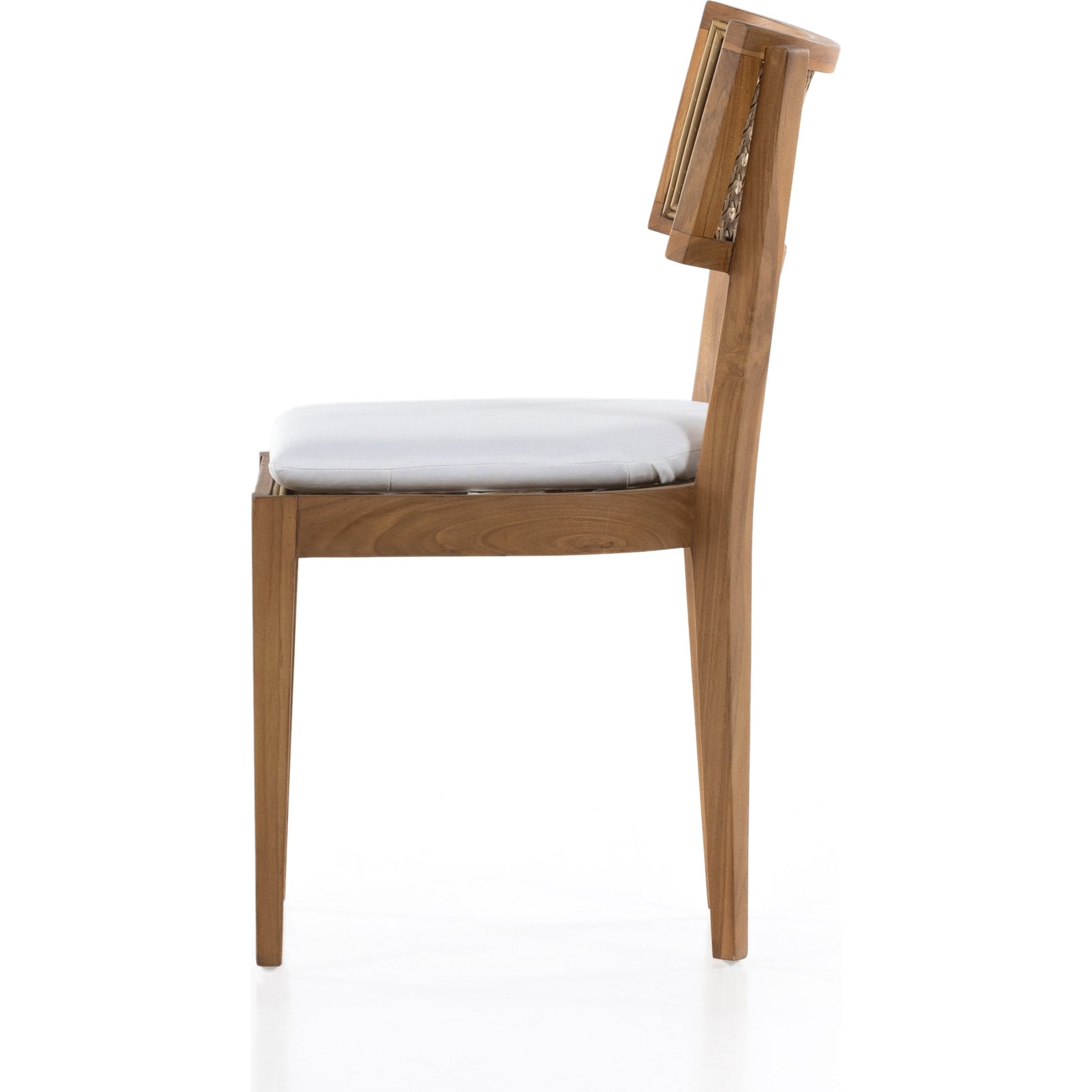 Britt Outdoor Dining Chair by Four Hands in natural teak, stinson white. Made from 100% olefin, solid teak, 100% polyethylene in a coastal style.