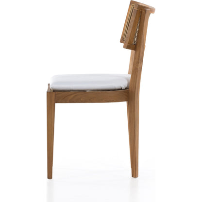 Britt Outdoor Dining Chair by Four Hands in natural teak, stinson white. Made from 100% olefin, solid teak, 100% polyethylene in a coastal style.