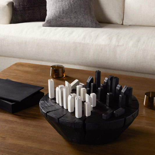 Modern Chess Set by Four Hands in black, aged metal and carbonized black. Made from solid mixed reclaimed wood, iron in a modern style.