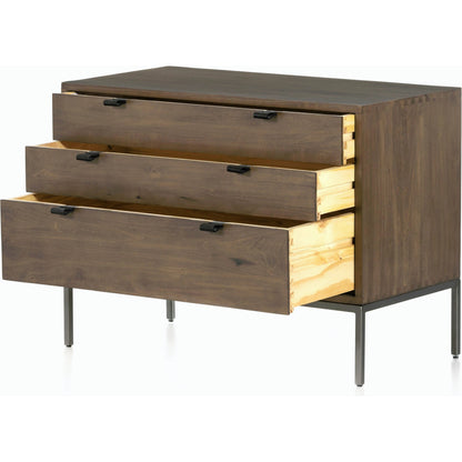 Trey Large Nightstand by Four Hands. Made from solid poplar, top grain leather, iron in a modern style.
