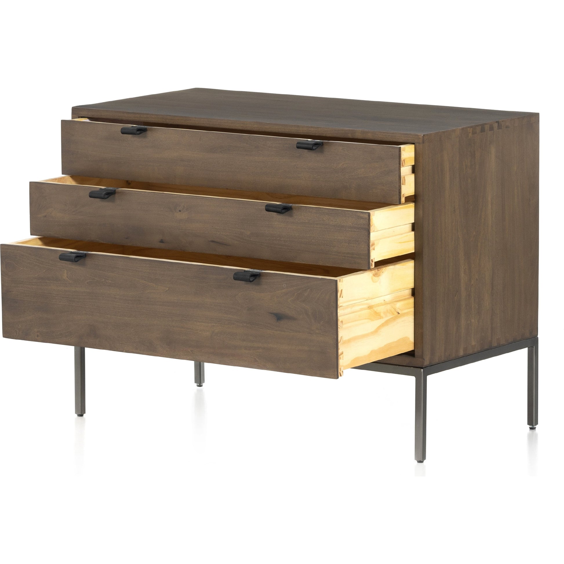 Trey Nightstand by Four Hands. Made from solid poplar, top grain leather, iron in a modern style.
