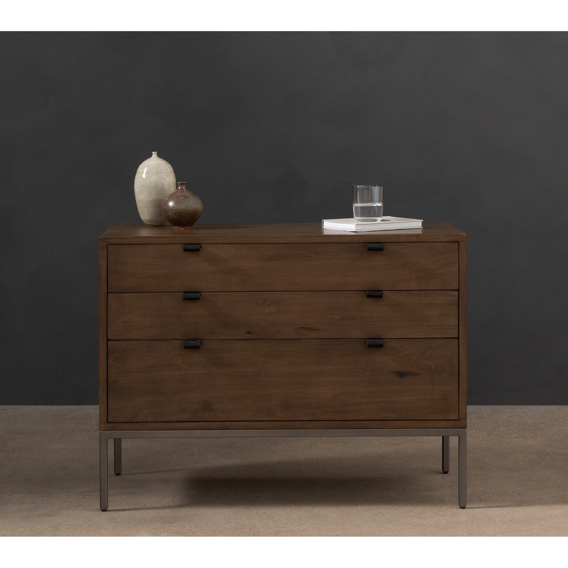 Trey Nightstand by Four Hands. Made from solid poplar, top grain leather, iron in a modern style.