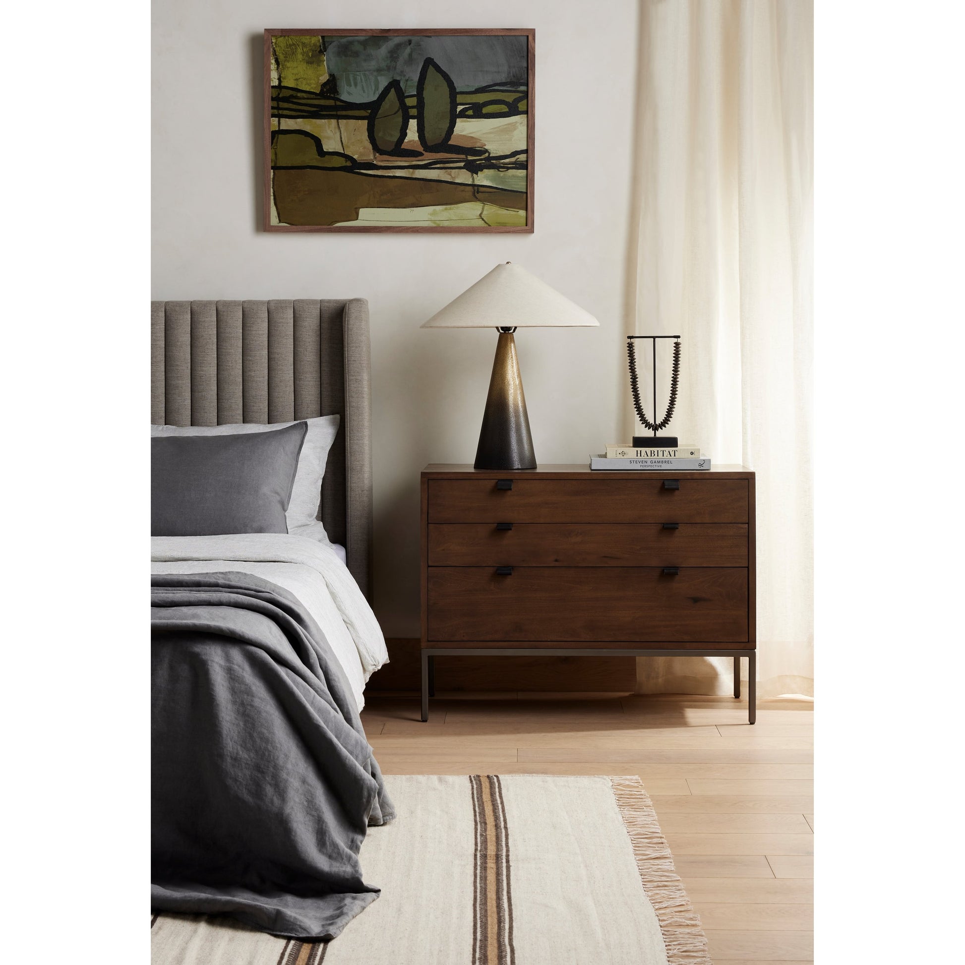 Trey Nightstand by Four Hands. Made from solid poplar, top grain leather, iron in a modern style.