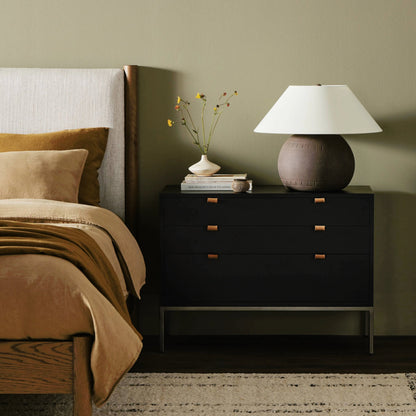 Trey Large Nightstand by Four Hands. Made from solid poplar, top grain leather, iron in a modern style.