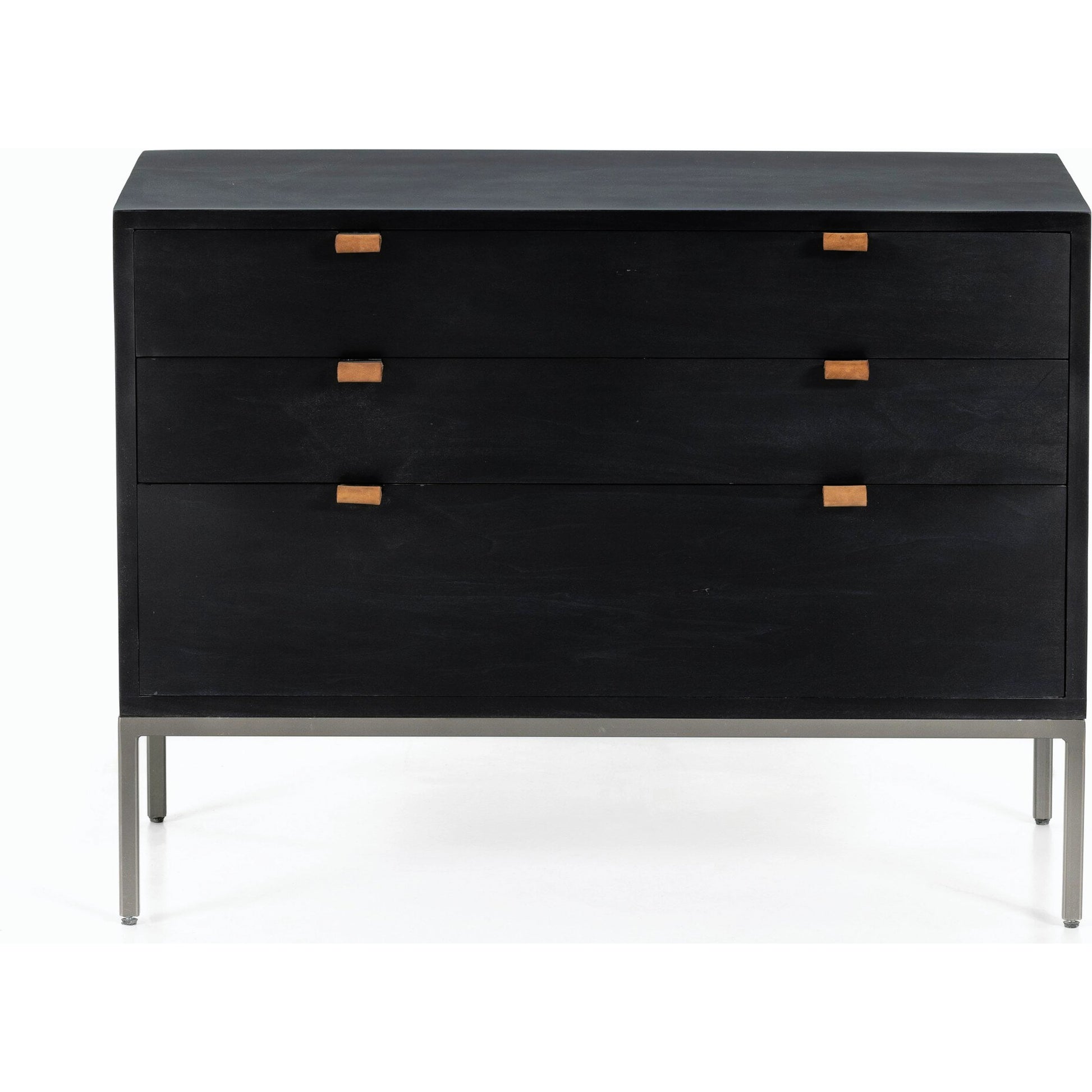 Trey Large Nightstand by Four Hands. Made from solid poplar, top grain leather, iron in a modern style.