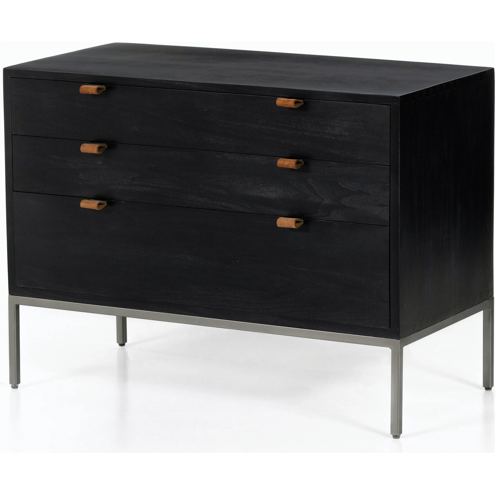 Trey Large Nightstand by Four Hands. Made from solid poplar, top grain leather, iron in a modern style.