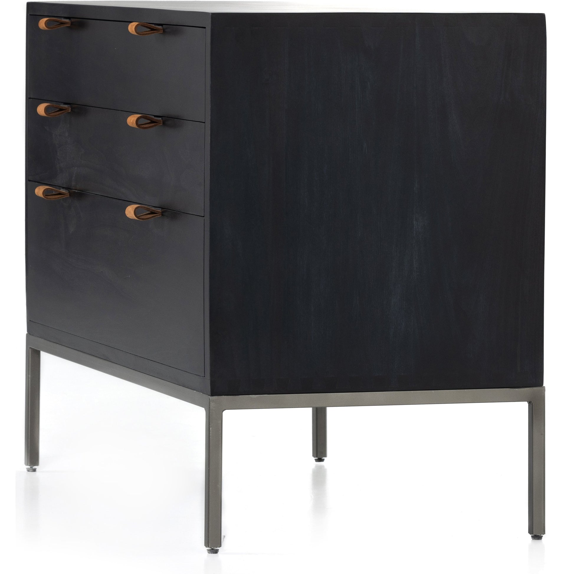 Trey Nightstand by Four Hands. Made from solid poplar, top grain leather, iron in a modern style.