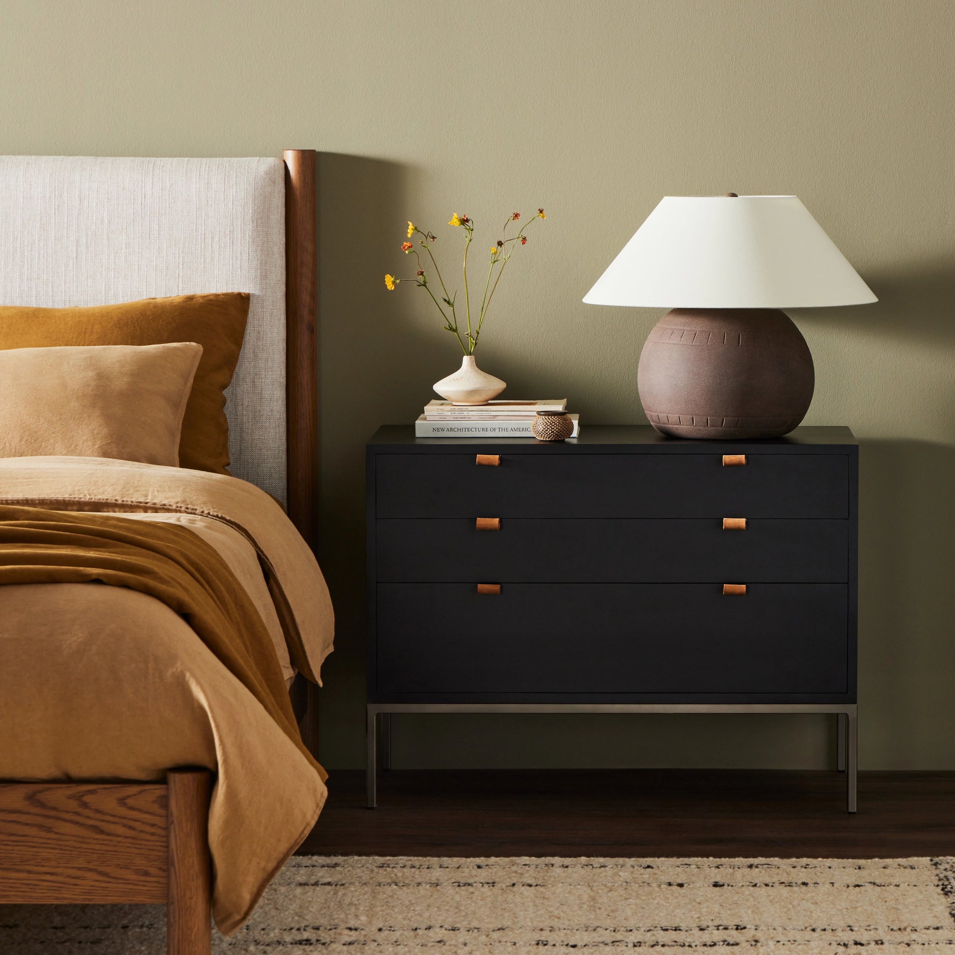 Trey Nightstand by Four Hands. Made from solid poplar, top grain leather, iron in a modern style.