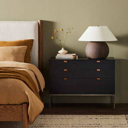 Trey Nightstand by Four Hands. Made from solid poplar, top grain leather, iron in a modern style.