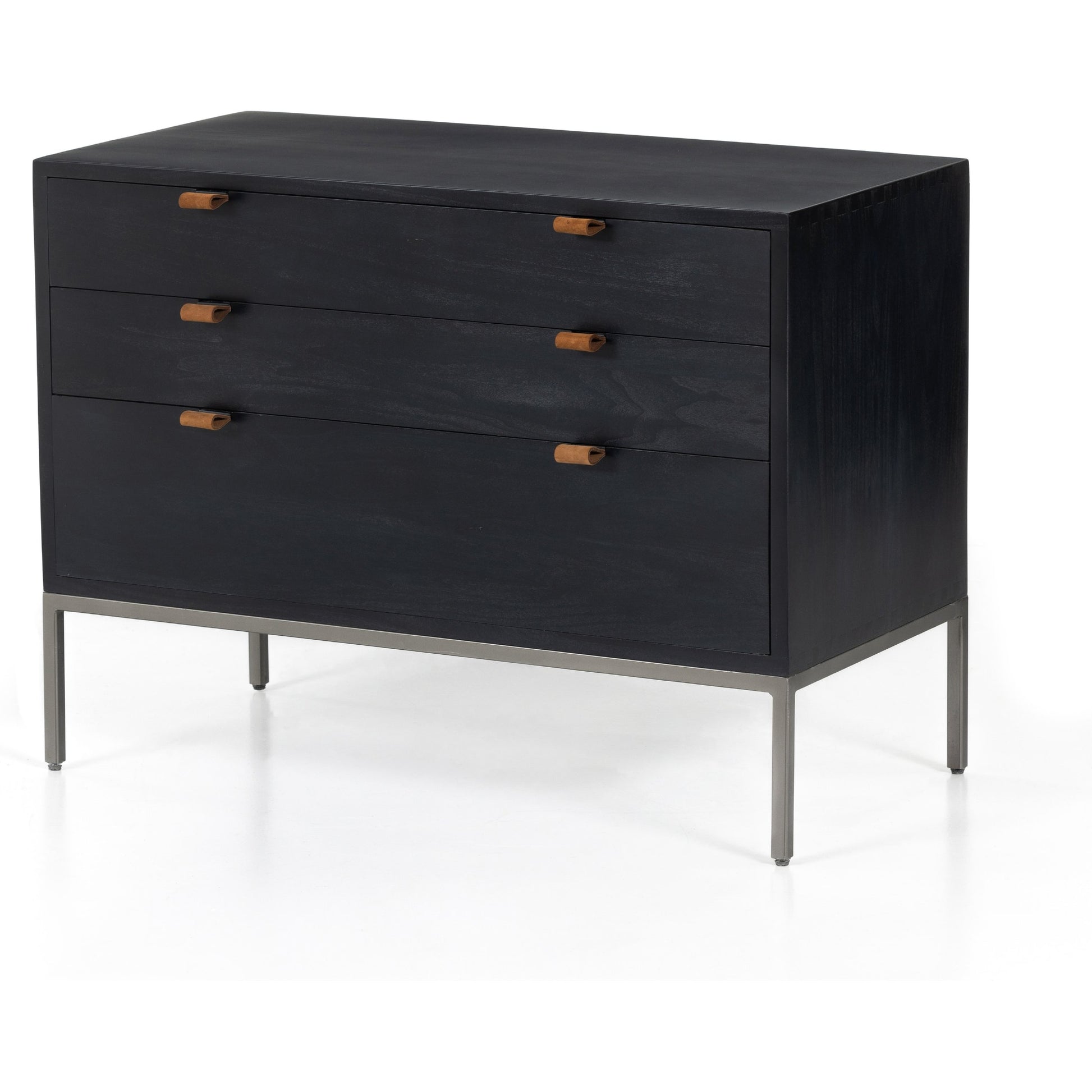 Trey Nightstand by Four Hands. Made from solid poplar, top grain leather, iron in a modern style.