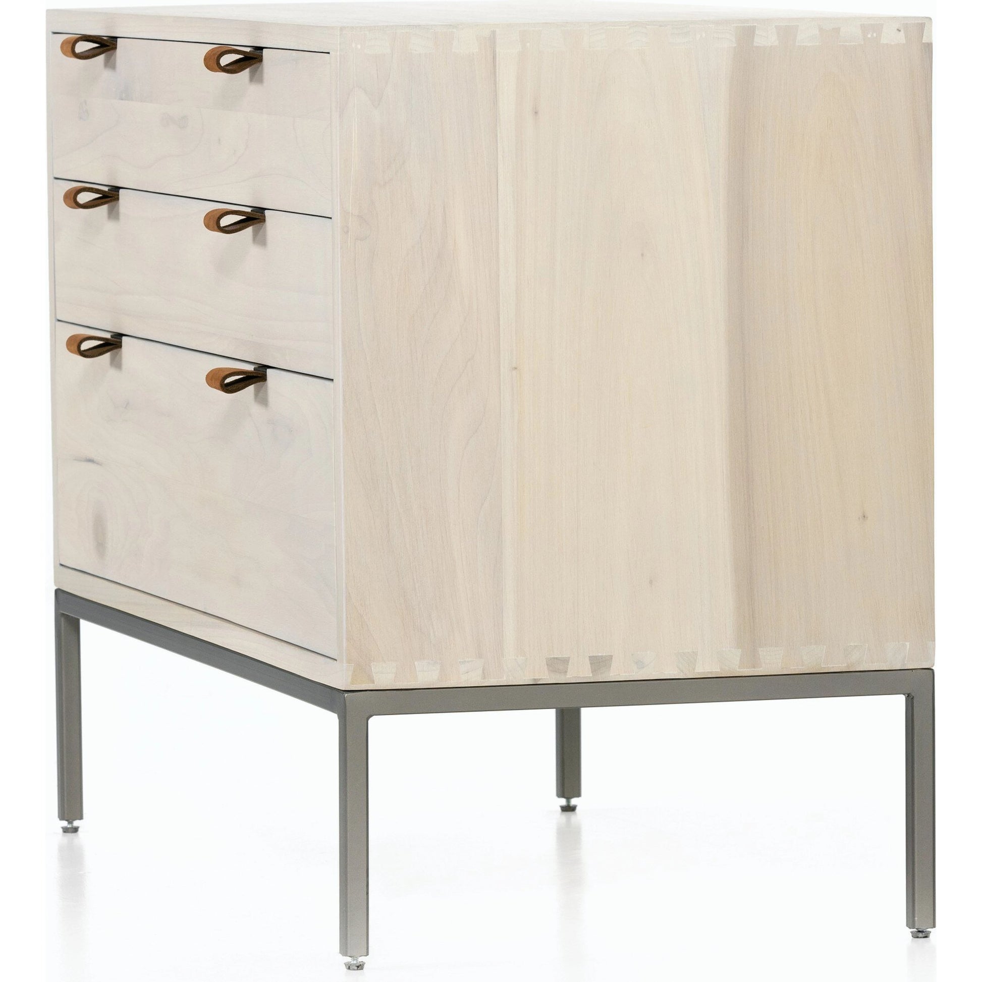 Trey Large Nightstand by Four Hands. Made from solid poplar, top grain leather, iron in a modern style.