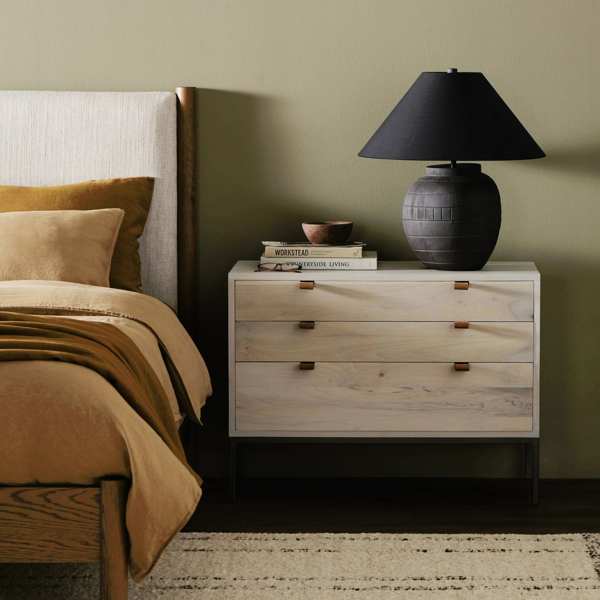 Trey Large Nightstand by Four Hands. Made from solid poplar, top grain leather, iron in a modern style.