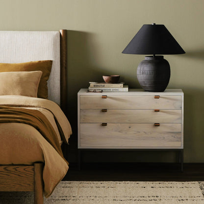Trey Large Nightstand by Four Hands. Made from solid poplar, top grain leather, iron in a modern style.