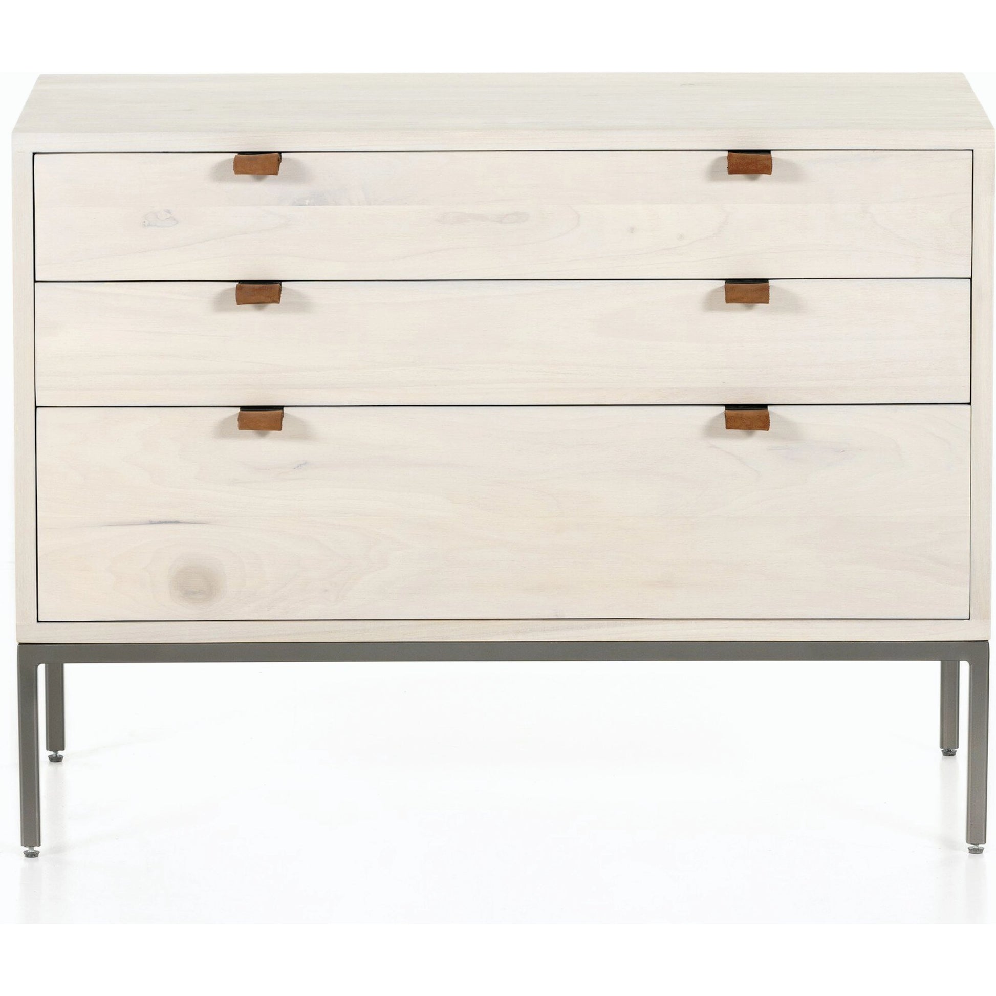 Trey Large Nightstand by Four Hands. Made from solid poplar, top grain leather, iron in a modern style.