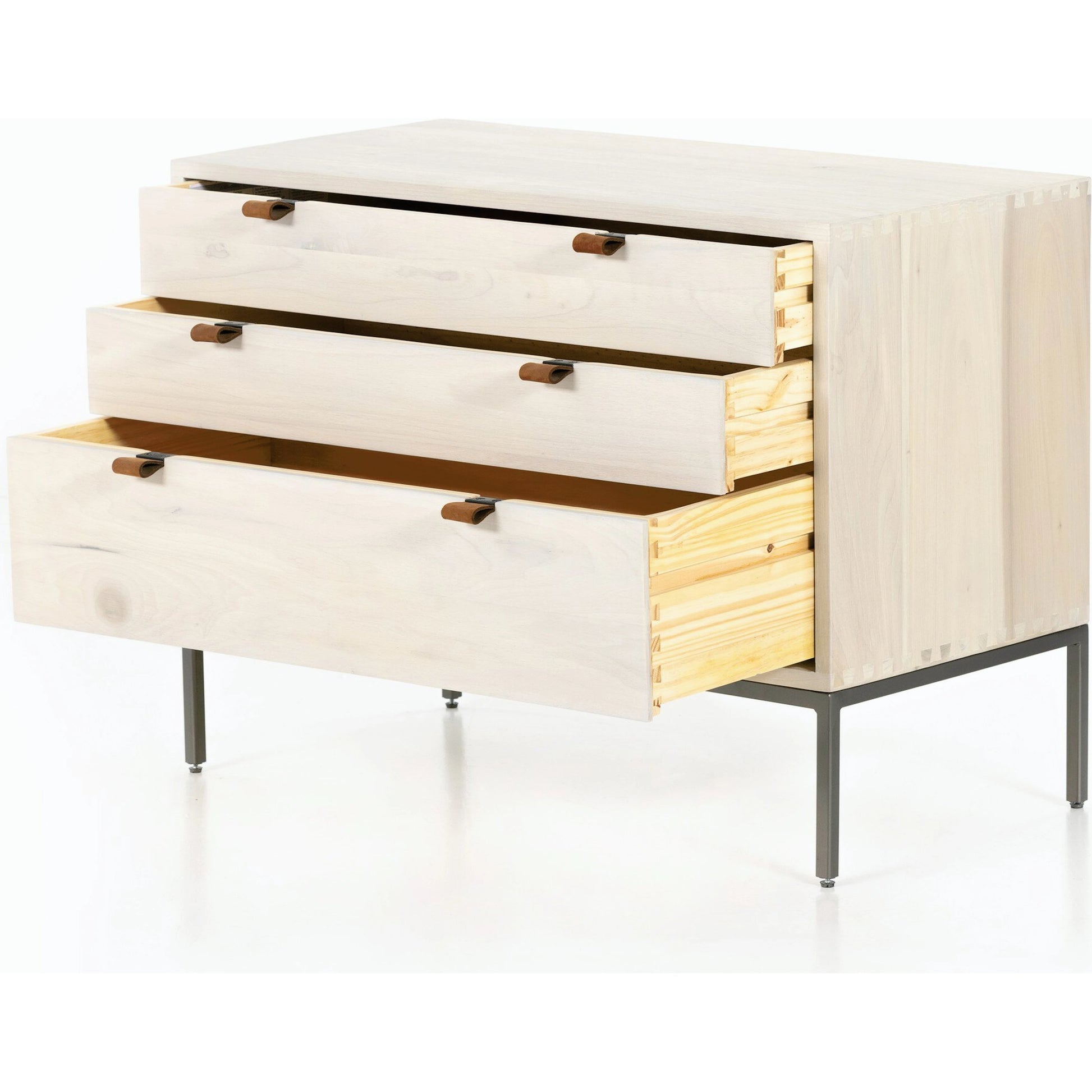 Trey Large Nightstand by Four Hands. Made from solid poplar, top grain leather, iron in a modern style.